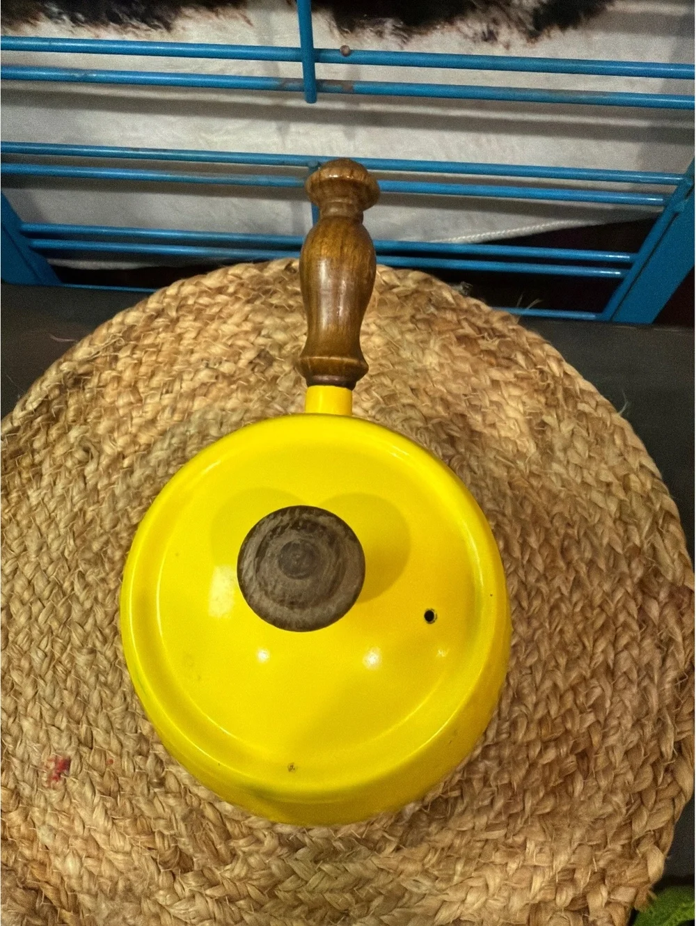 Vintage Yellow Enamel Saucepan with Wooden Handle